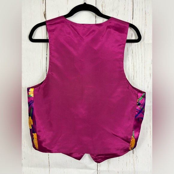 Magenta Multicolored Satin Chic Vest Yellows Flowers Handmade - Picture 2 of 4